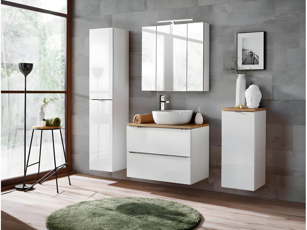 Meuble bas de salle de bain avec panier à linge inclus - Chêne artisanal doré et blanc brillant - L35-H80-P35 - Boislis NFTW99615