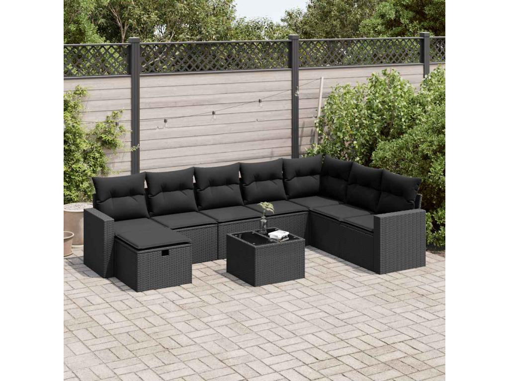 Salon de jardin 9 pièces avec coussins noir résine tressée XLDS32037