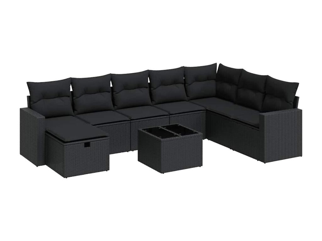 Salon de jardin 9 pièces avec coussins noir résine tressée XLDS32037