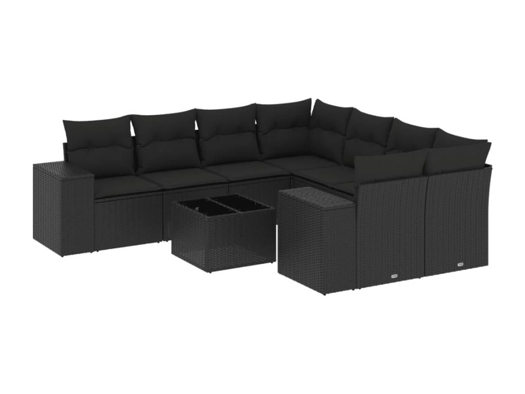Salon de jardin 9 pcs avec coussins noir résine tressée WDJJ20962