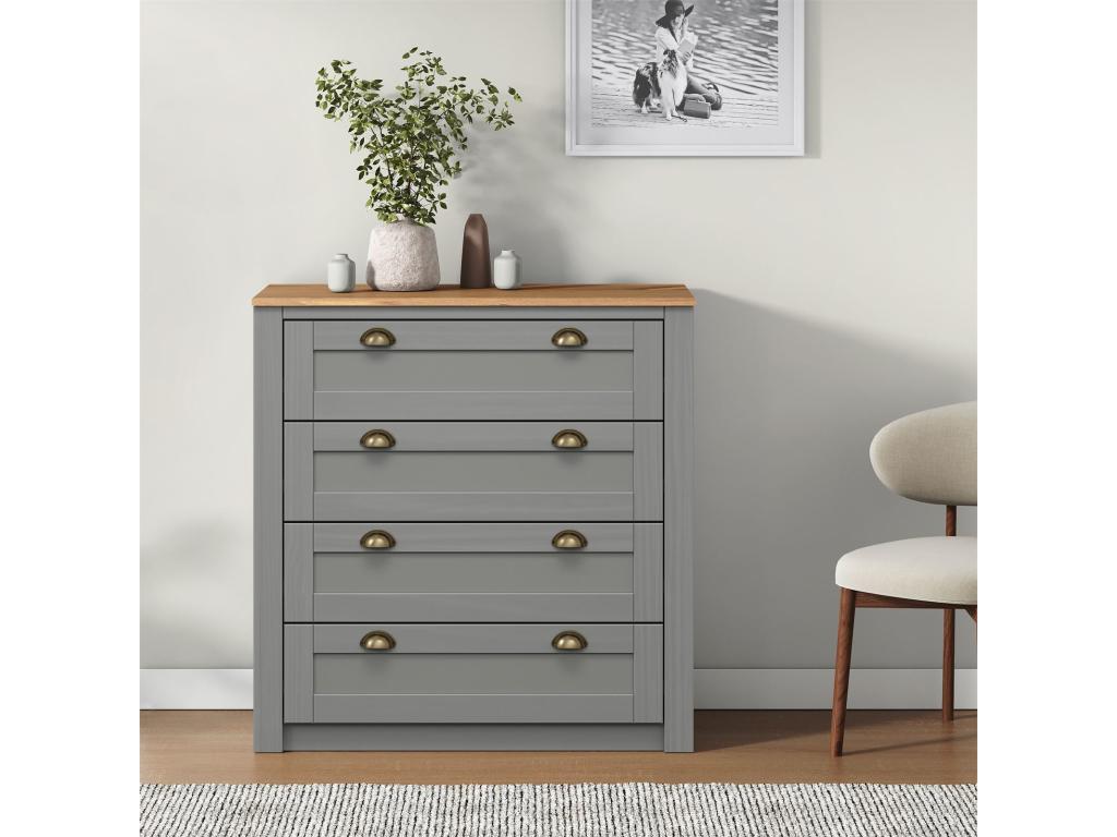 Commode chambre Boislis L 91 cm en bois massif lasuré gris et brun avec 4 grands tiroirs et poignées style campagne BKHT20132