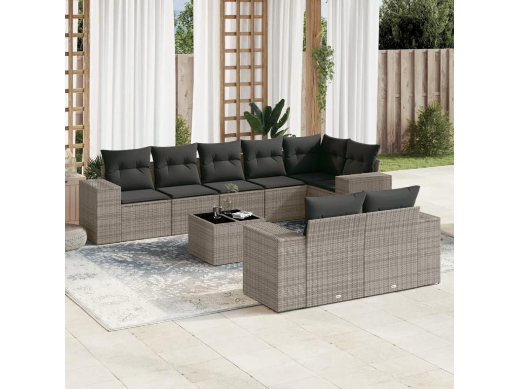 Salon de jardin 9 pcs avec coussins gris résine tressée QRXA66084