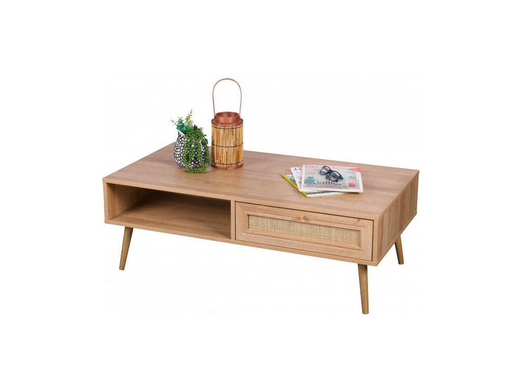 Table basse Boislis sur pieds 1 tiroir - Cannage rotin - Effet bois clair - 110x59 x H 39,5 cm CIBC66213