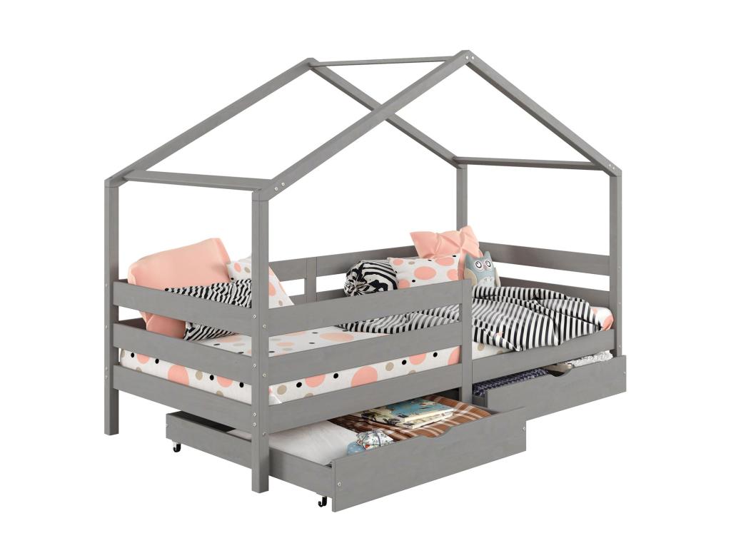 Lit cabane Boislis lit enfant simple montessori 90x190 cm avec 2 tiroirs de rangement en pin massif lasuré gris RUFB21367