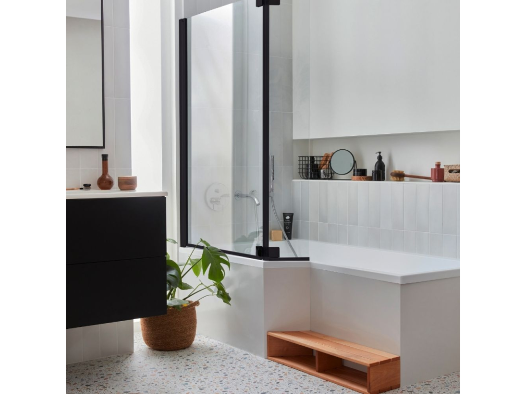 Pack baignoire bain douche antidérapante 180x90 Boislis Neo blanc mat version gauche tablier ZSEL02159